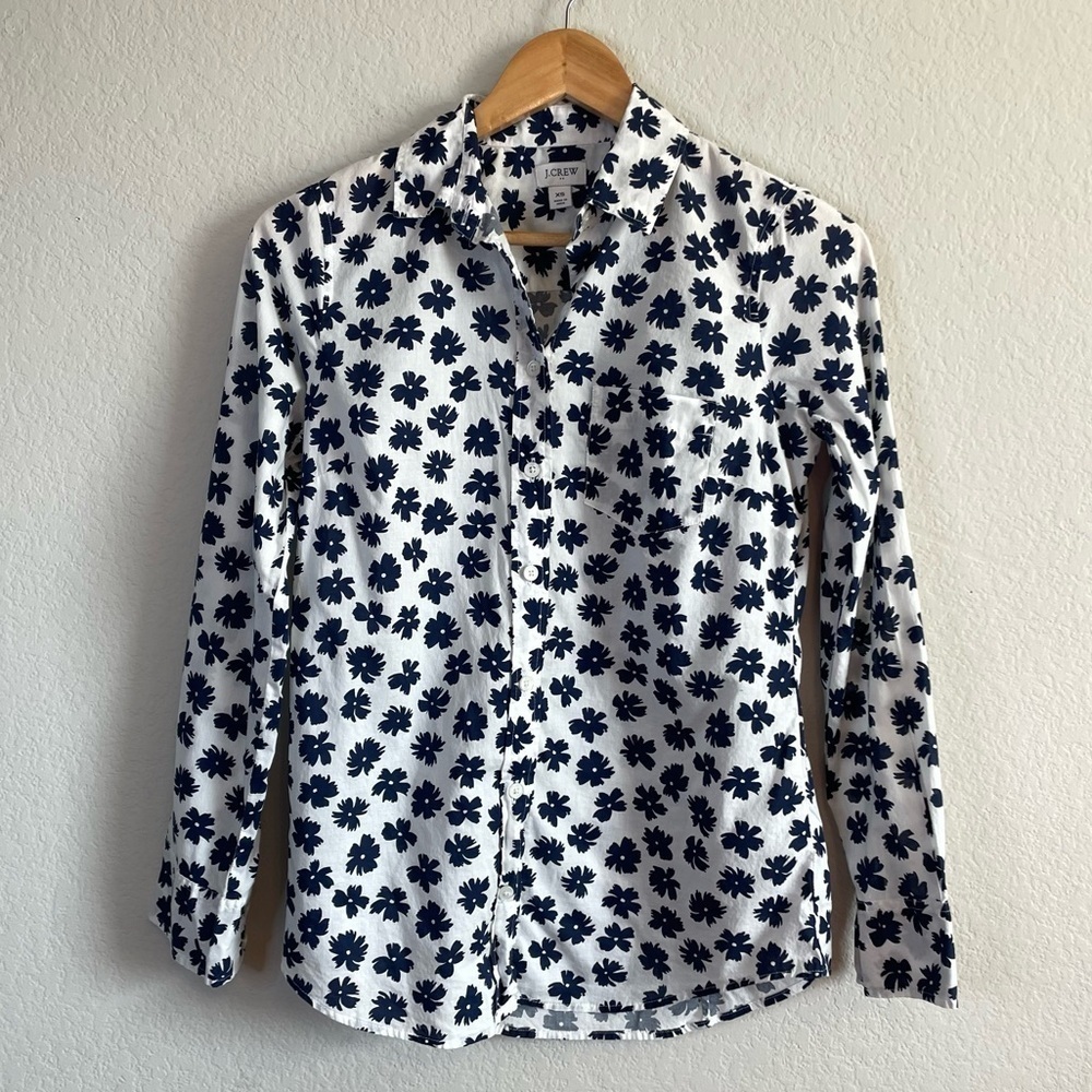 J Crew Printed Lightweight Cotton Long Sleeve Blue Abstract Floral Shirt Size XS